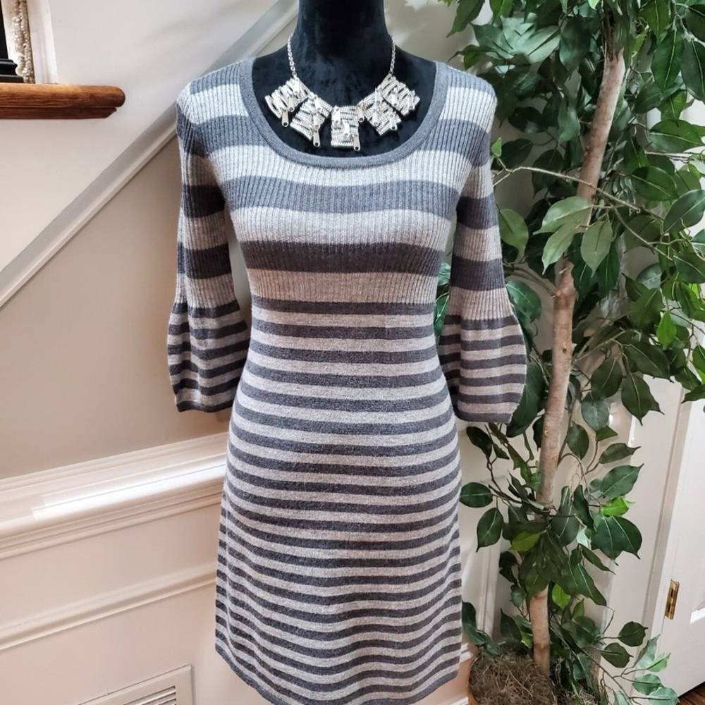 Elegant Gray Striped Long Sleeve Dress